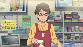 elderly person in apron at store counter — Your Name
