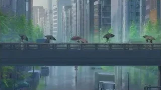 People walking on city bridge with umbrellas in rain — Weathering with You