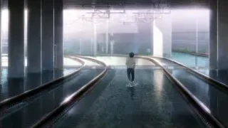 Person walking on empty futuristic escalator — Weathering with You
