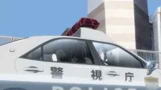 Police car with two people on street — Weathering with You