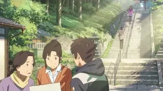 Three young people on stone staircase in park — Your Name
