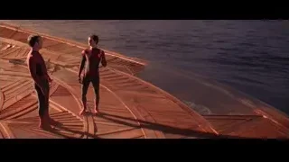 two men in Spider-Man suits on pier — Spiderman: No Way Home