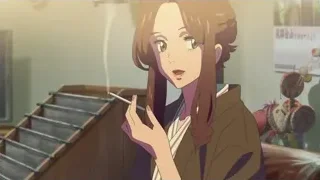 woman in brown jacket smoking cigarette by staircase — Your Name