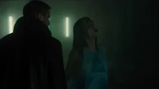 Woman screaming in dark room with neon lights — Blade Runner 2049