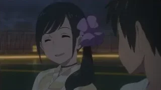 young girl in kimono smiling at man — Weathering with You
