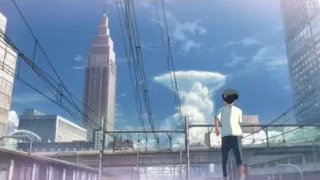 young man on city bridge looking at skyscrapers — Weathering with You